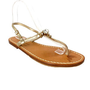 Azzurra Capri T Strap Flat Sandal Leather Thong Toe Gold Metallic Rhines…